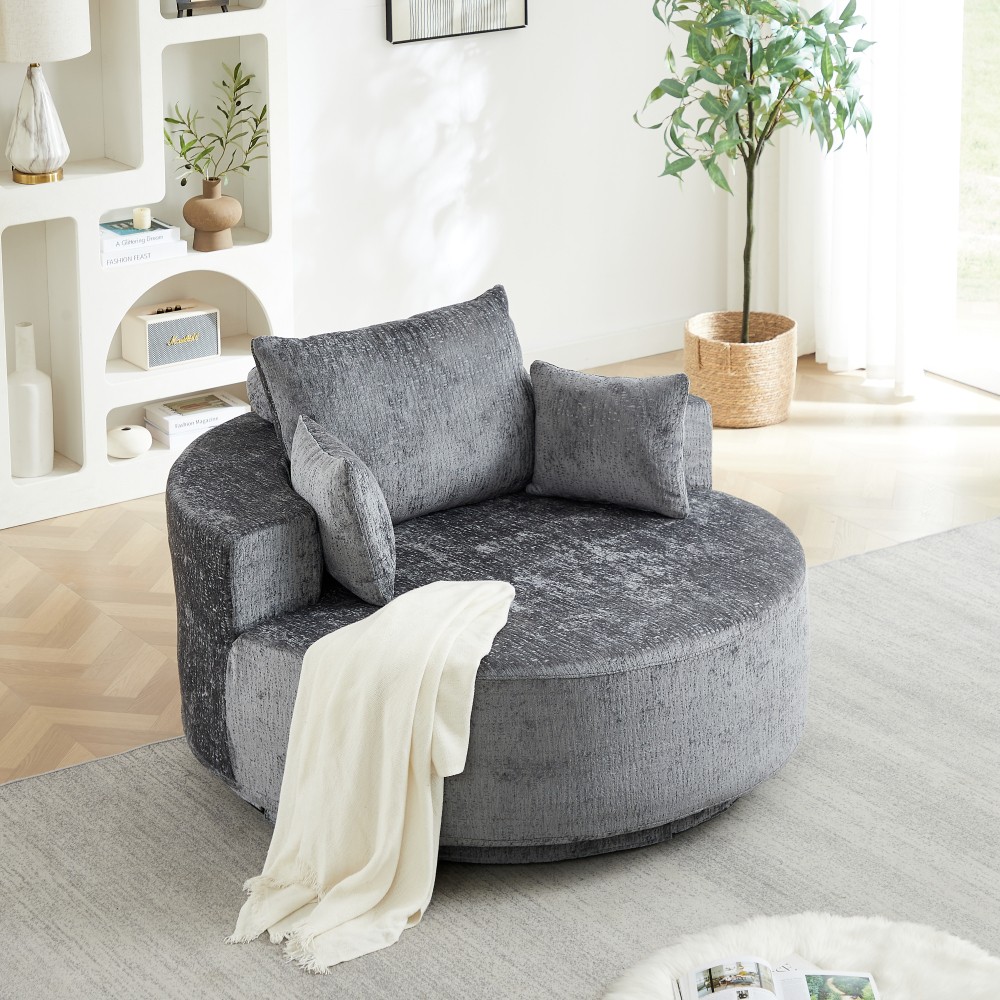 Chenille Foam Swivel Chair, 360° Rotating Modern Sleeper for Living Room, Grey