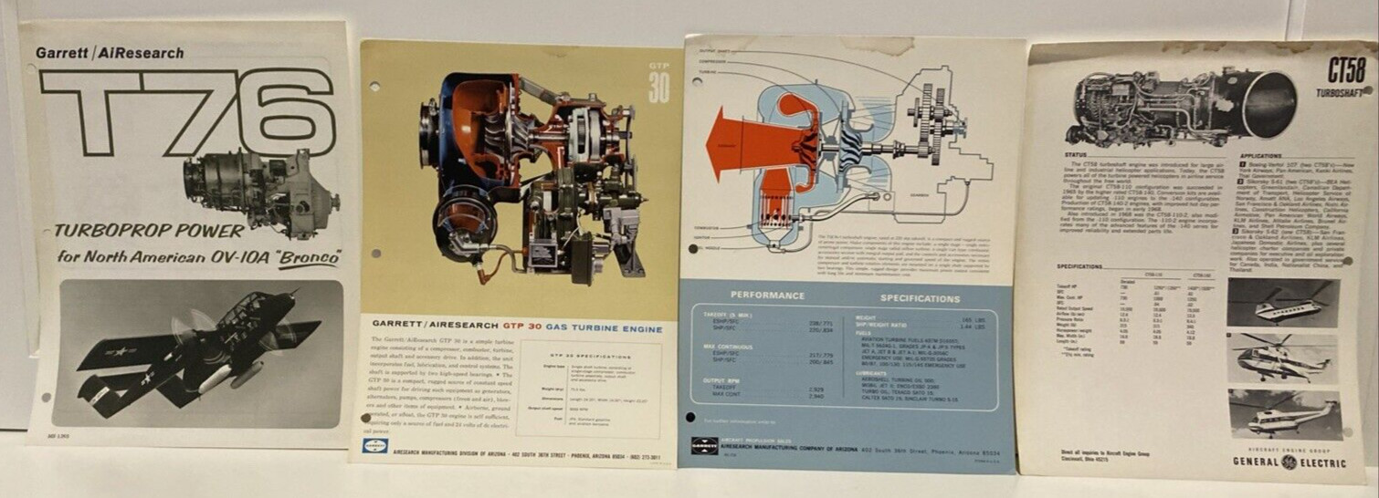 Vtg GARRETT AIRESEARCH & GE Aircraft Engine Brochures / Specs / Schematics