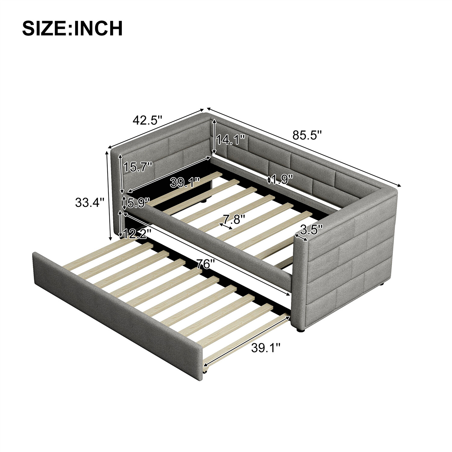 Twin Size Daybed w/ Pull Out Trundle Bed Upholstered Bed Frame Sofa Bed Gray US