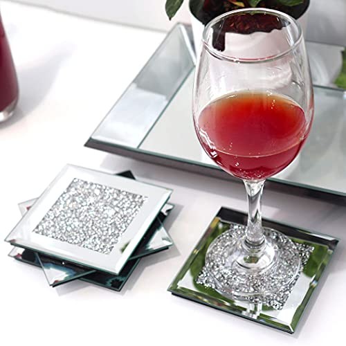 Glass Mirrored Coaster 4 PC, Crushed Diamond Square Cup Mat 4" Decor on 4"4p