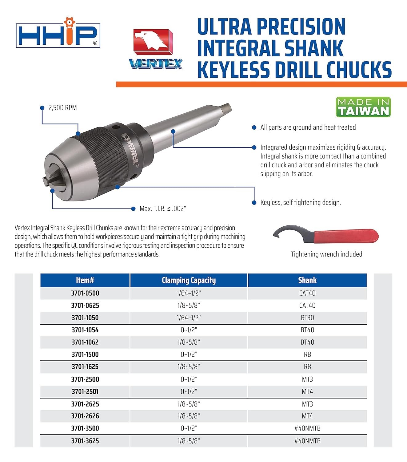 Vertex 0-1/2 Inch MT3 Integrated Keyless Drill Chuck