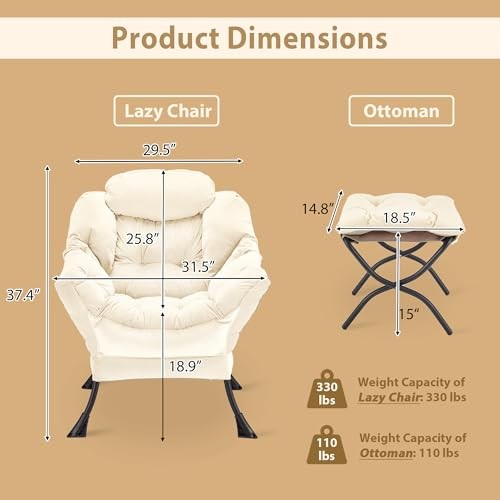 Lazy Chair with Folding Ottoman, Accent Chair Velvet Upholstered with Beige-f