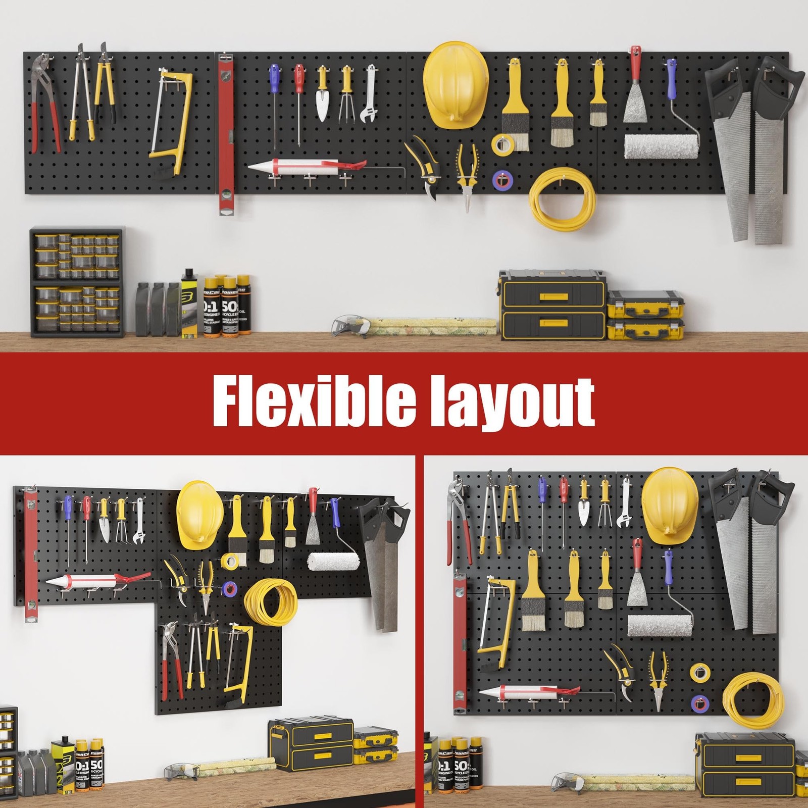 4 Pack Metal Pegboard Panels with 50 Hooks, Black Pegboard Wall Organizer, Pe...