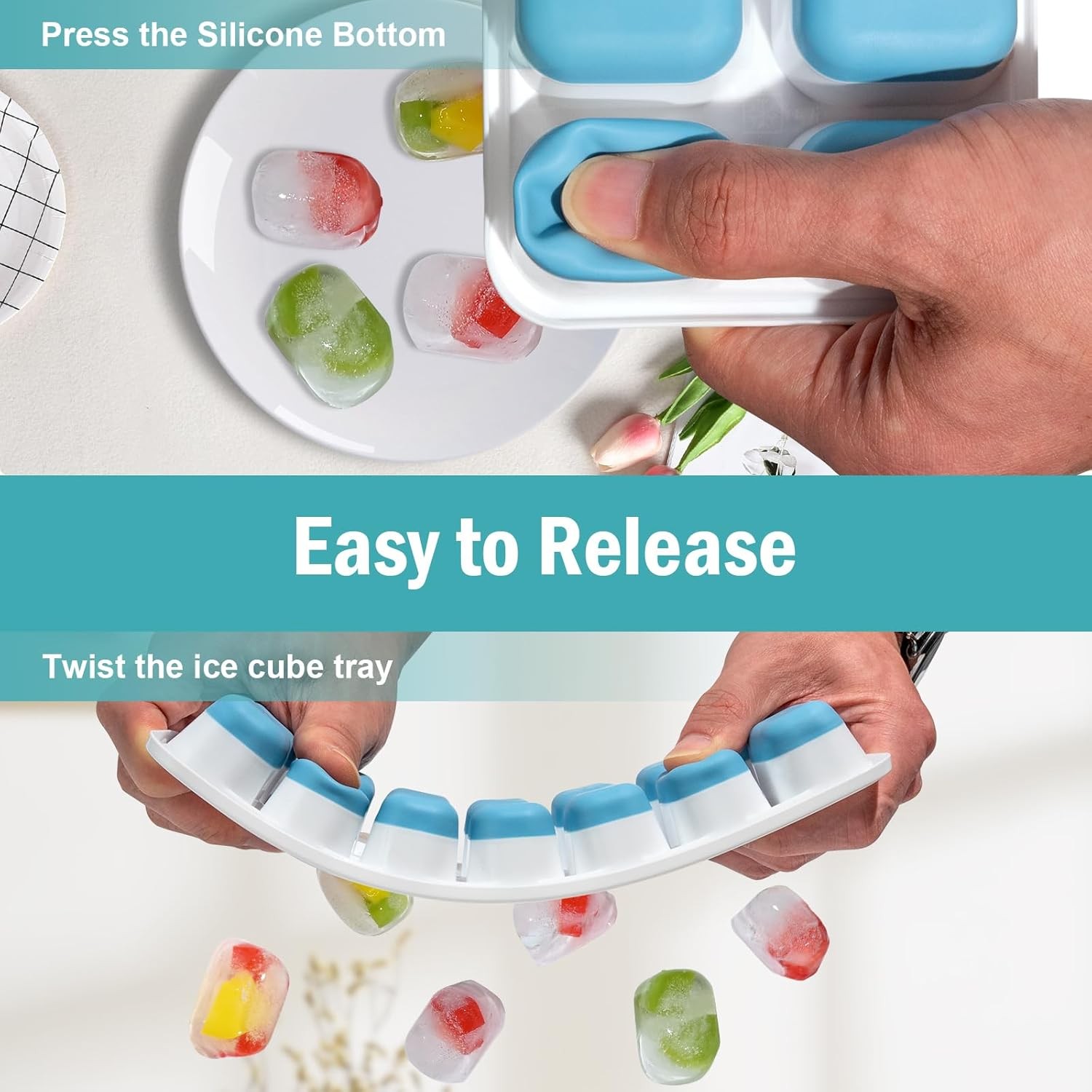 3 Pack Ice Cube Trays W/ Lids Flexible Silicone Bottom Easy Release Stackable