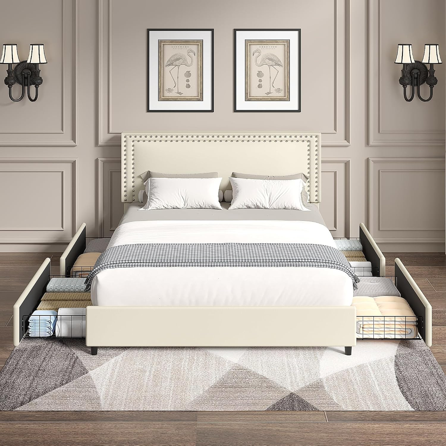 Full Size Upholstered Bed Frame with 4 Storage Drawers, Adjustable Velvet Rivet