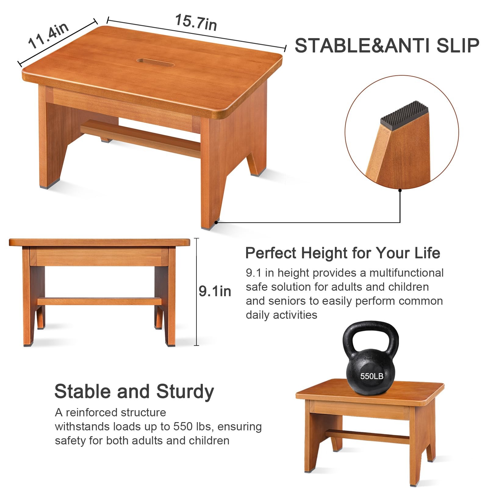 Wooden Step Stool for Adults,9.1''High One Step Stool for High Bed/Kitchen Ri...