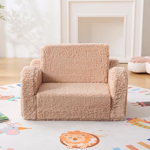 Kids Sofa Chair for Toddlers 1-3 Years, Sherpa Comfy Baby Recliner Light Brown