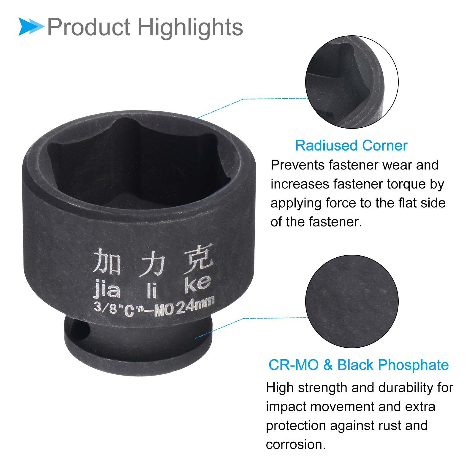 6 Point Impact Shallow Socket 3/8" Drive 24mm CR-MO Steel Hexagonal Round Corner