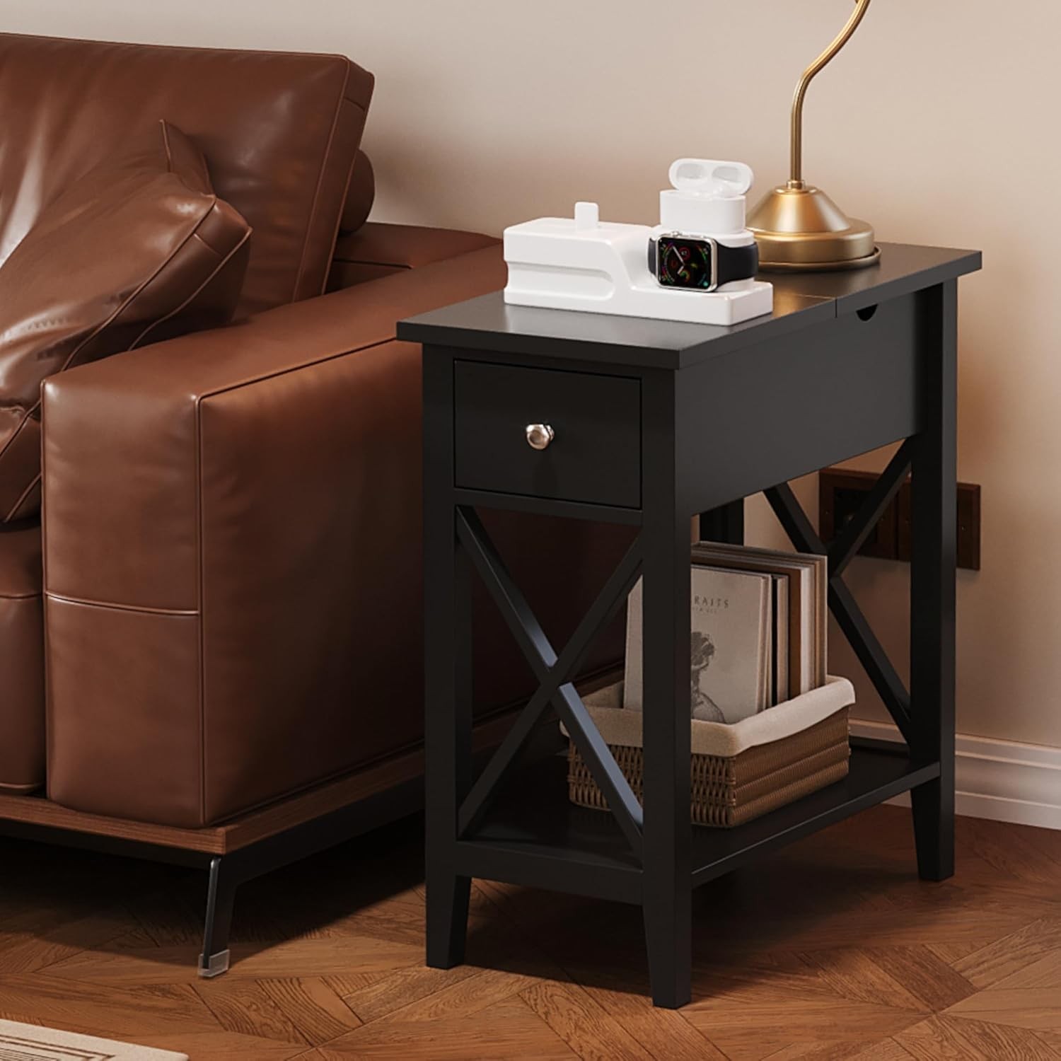 ChooChoo End Table, MDF Material Flip Top Narrow Table with Drawer, Black