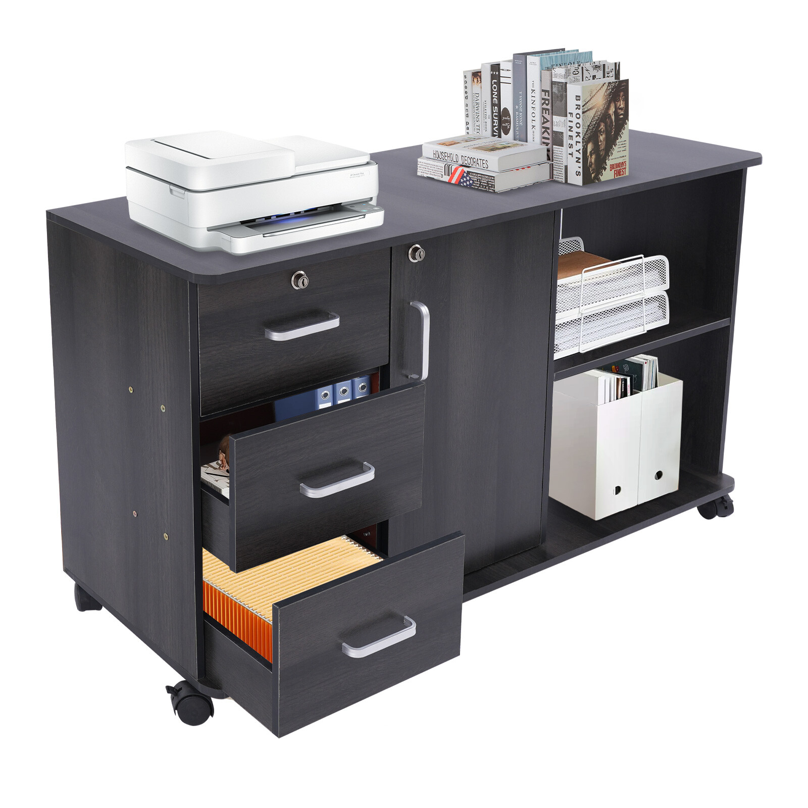 3 Drawers 2 Compartments Mobile File Cabinet Locking File Cabinet MDF 1 Cabinet