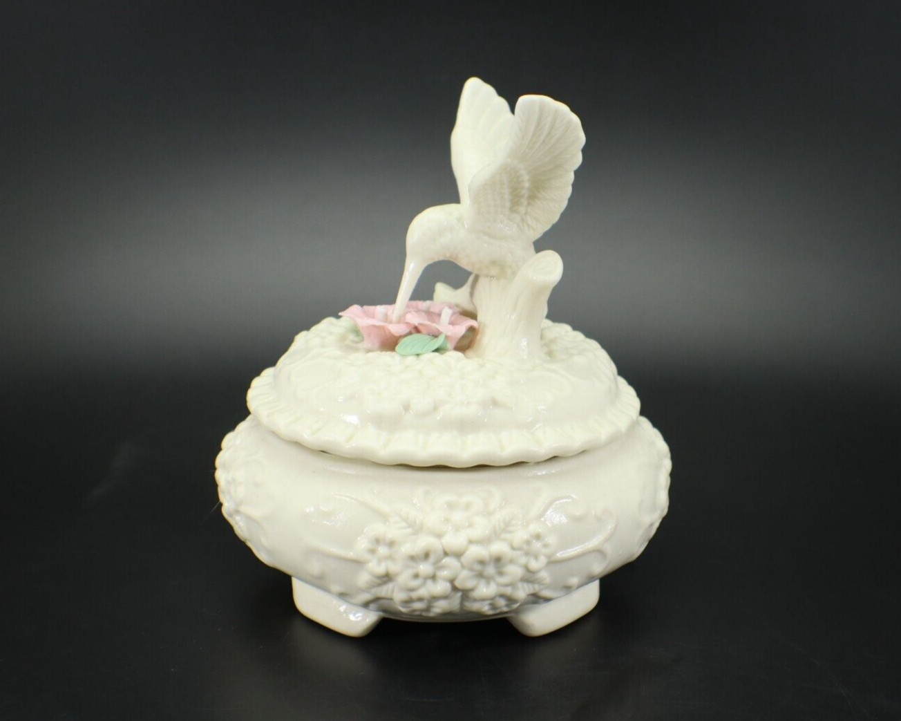 Trinket Box HUMMINGBIRD Flowers 2-Piece Porcelain Large