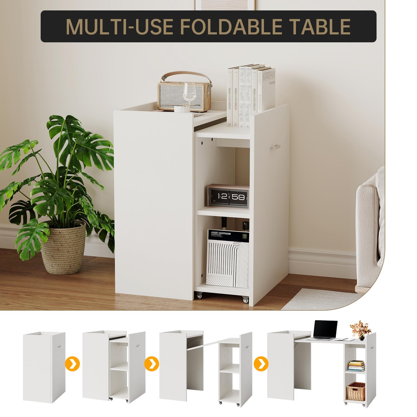 Expandable Foldable Desk 50" 2-Tier Storage Wheels Space-Saving Study