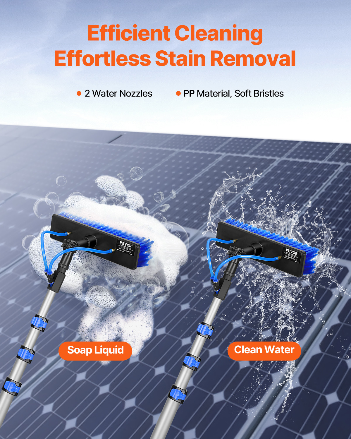 Water Fed Pole Kit 12FT Solar Panel Cleaning Pole 180° Rotatable Brush Head