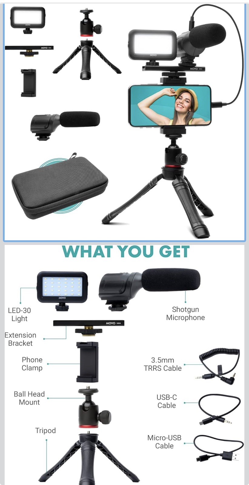 uVlogger- Android/USB-Vlogging Kit Smartphone Video Kit : Tripod, Mount, Ligh...