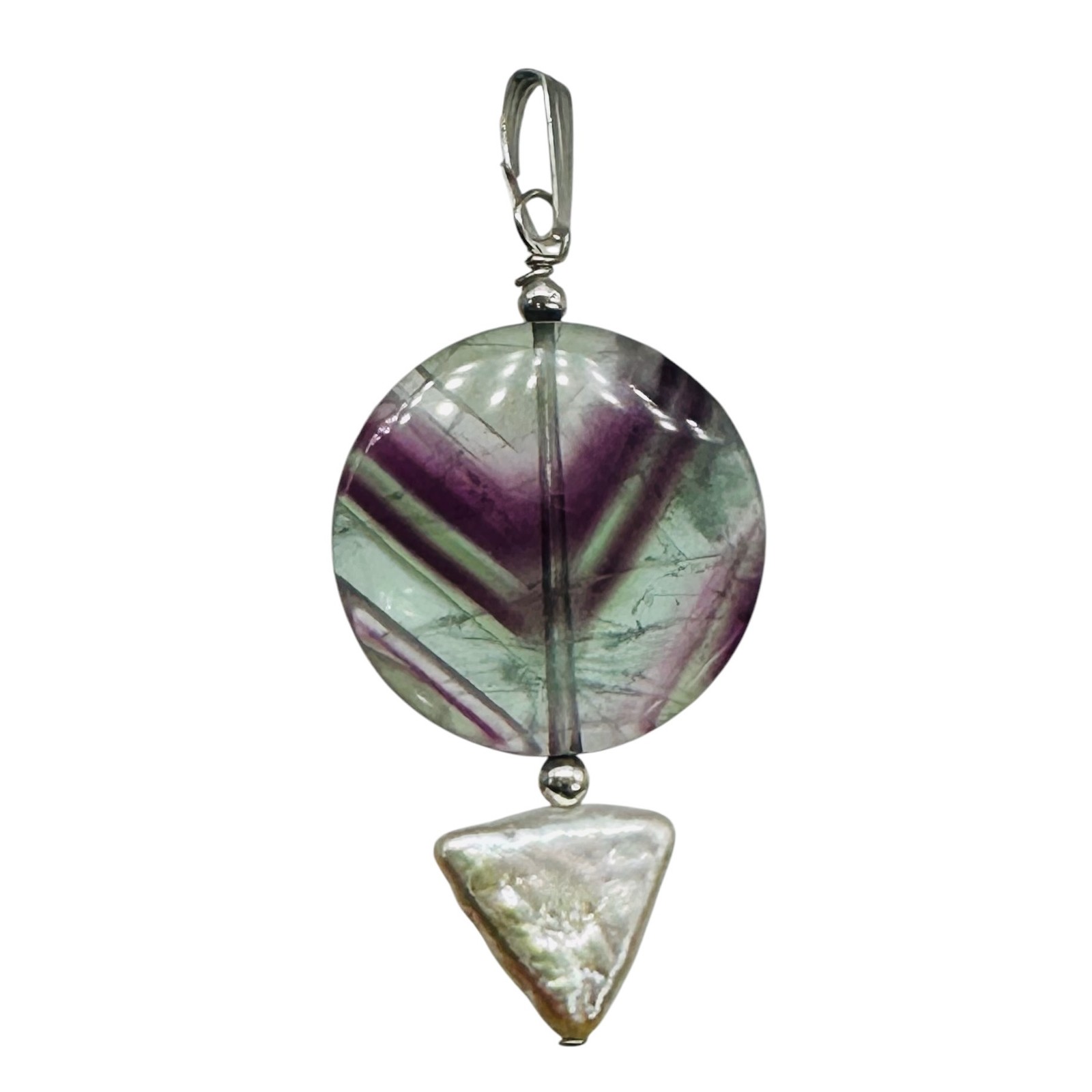 Fluorite and Pearl Sterling Silver Pendant | 1 3/4" Long | Purple, White |