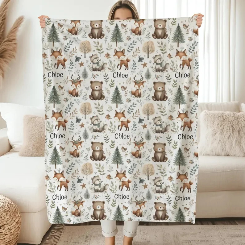 Personalized Woodland Animal Baby Blanket – Plush Velveteen Nursery Throw Gift