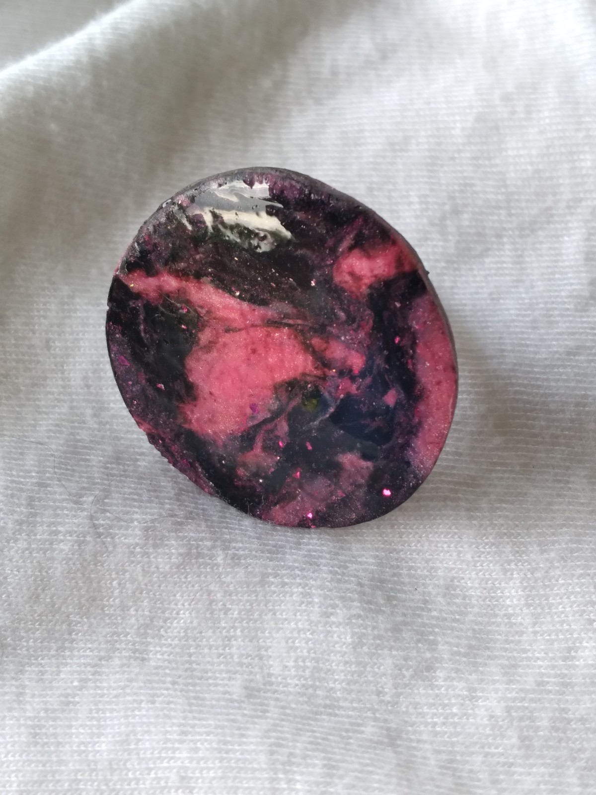 Handcrafted Silver Adjustable Polymer Clay Ring Round Pink Black Marbled