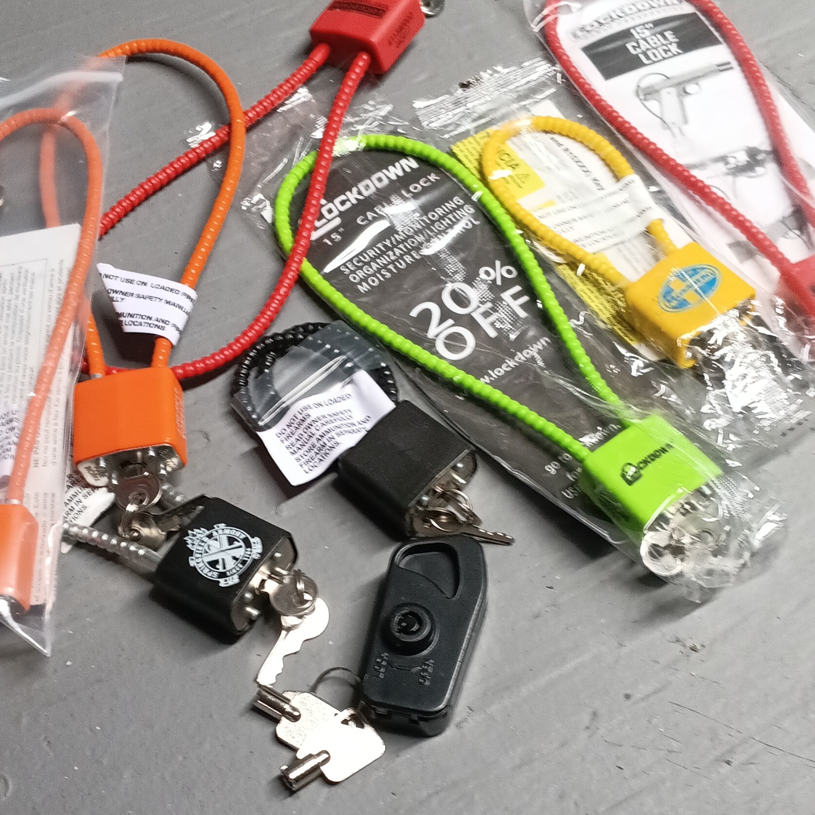 9 Lockdown Key Lock Keyed Security Cable Locks Lot w/ Keys, Assorted Colors