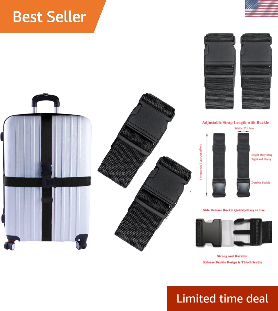 Adjustable 2-Pack Travel Suitcase Straps with Quick Release Buckle - Black