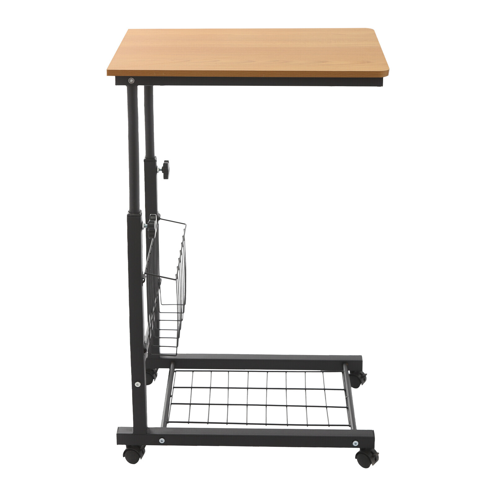Height Adjustable C-Shaped Teak 2-Tier Bedside Table with Wheels & Brakes