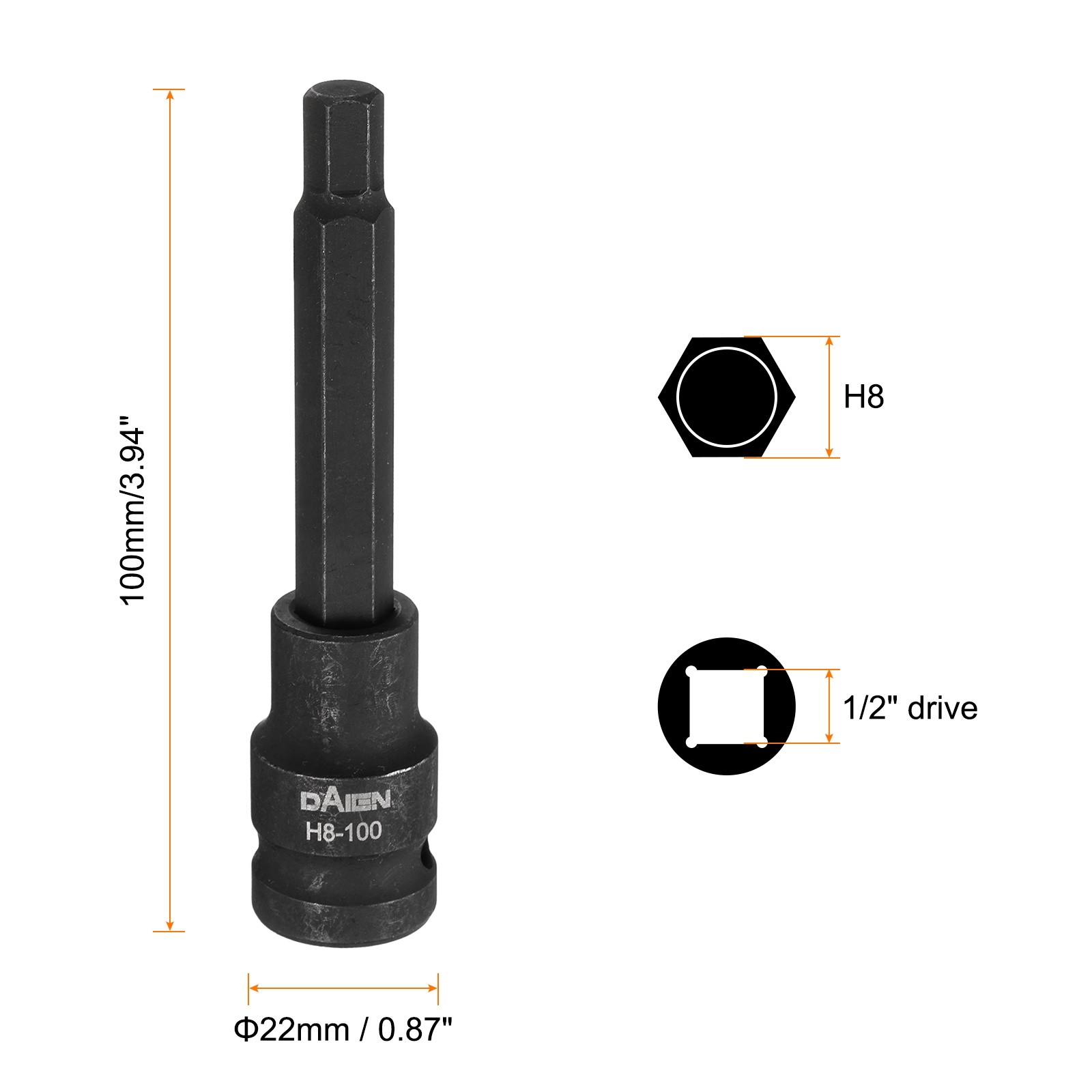 H8 Hex Bit Socket 100mm Length 1/2" Square Metric Impact Bit Black,