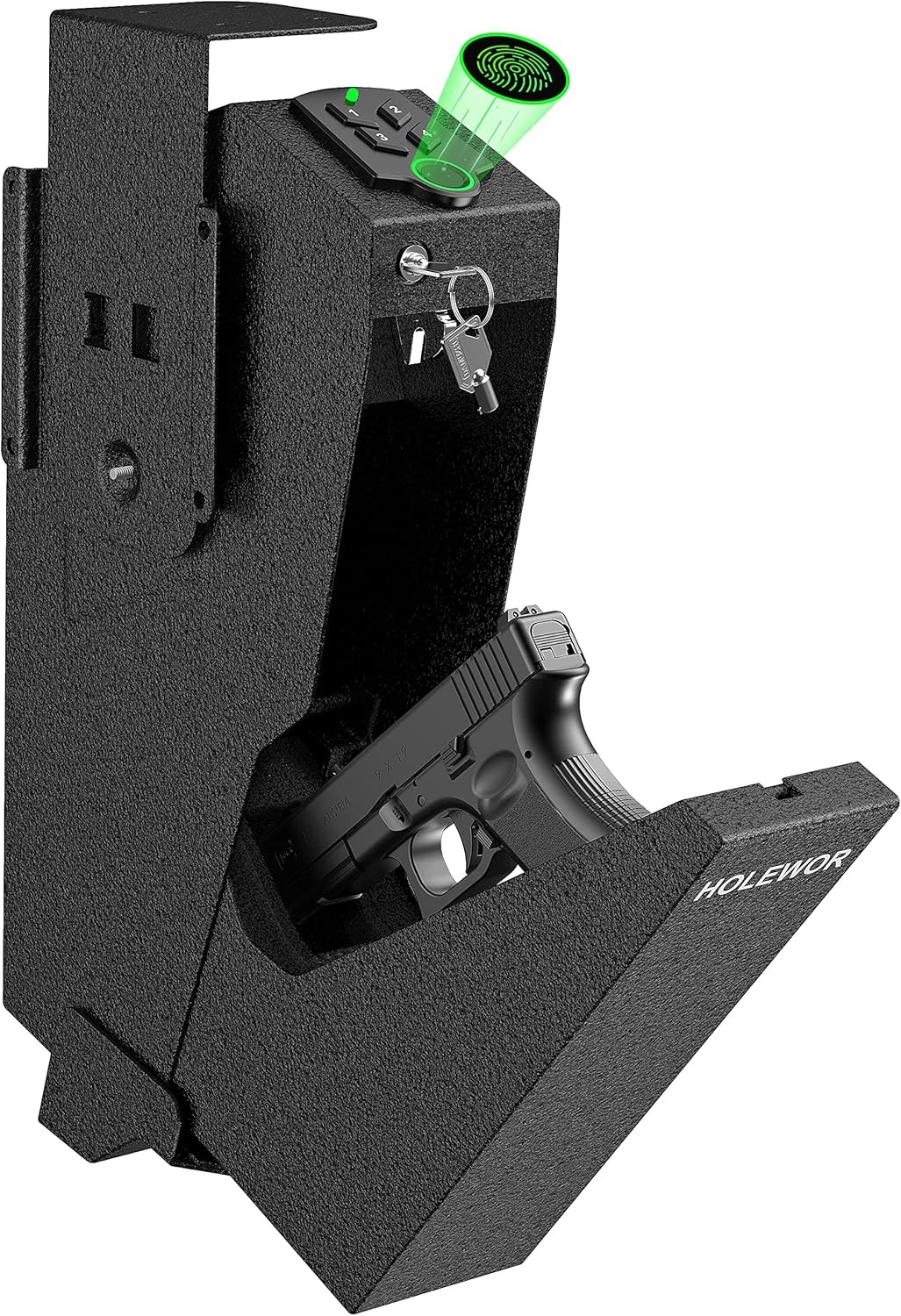 Gun cabinet, biometric handgun cabinet, pull-down single handgun cabinet