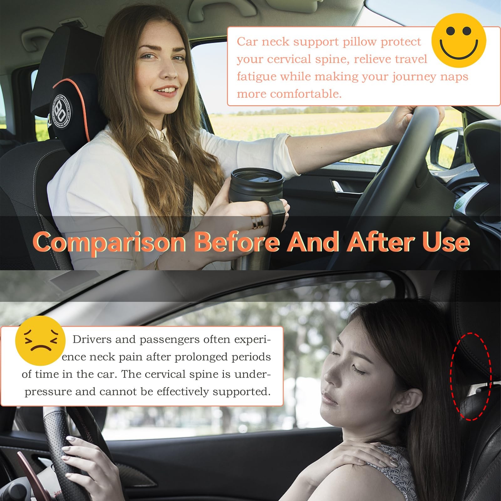 Car Headrest Neck Pillow Memory Foam Adjustable Strap Washable Removable Cover