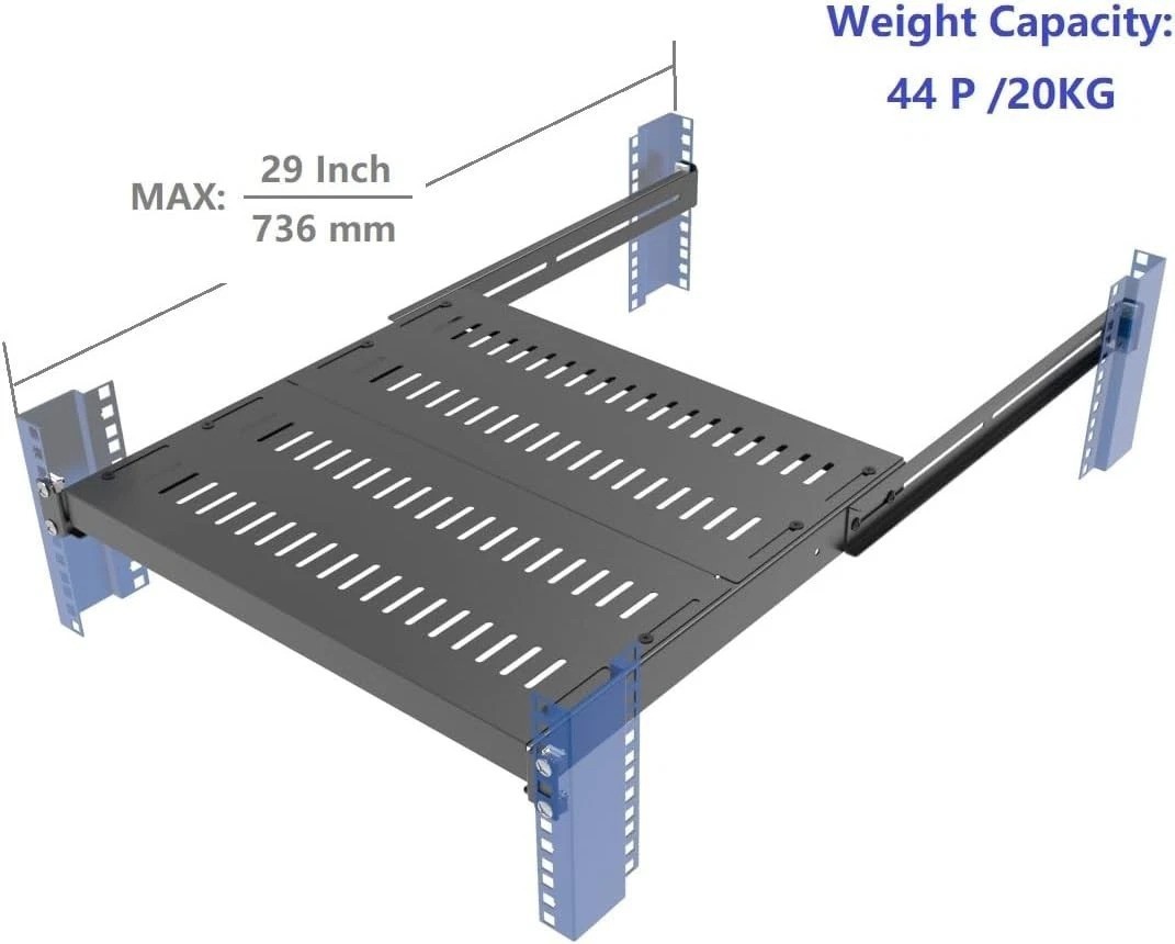 1U Vented 4-Post Adjustable Server Shelf- Universal Tray 16.5-29" Adjustable ...