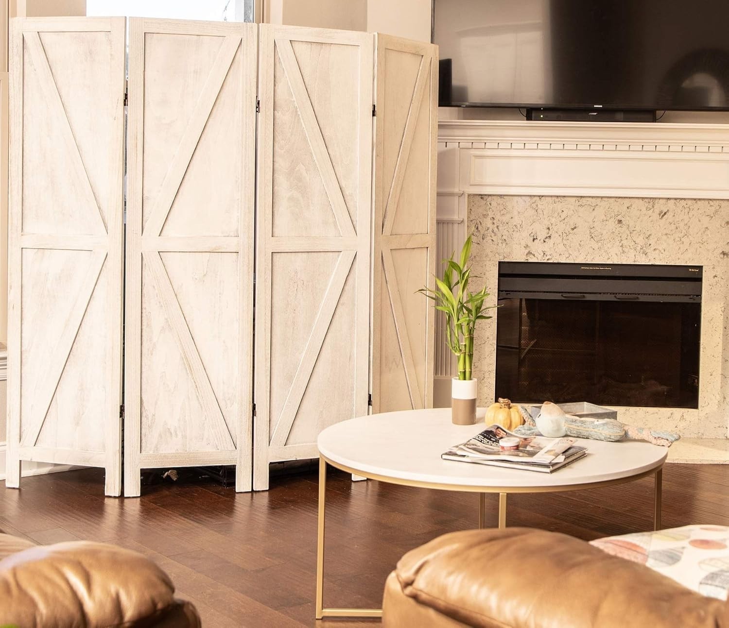 Rustic White 4-Panel Room Divider - Easy to Move Folding Privacy Screen