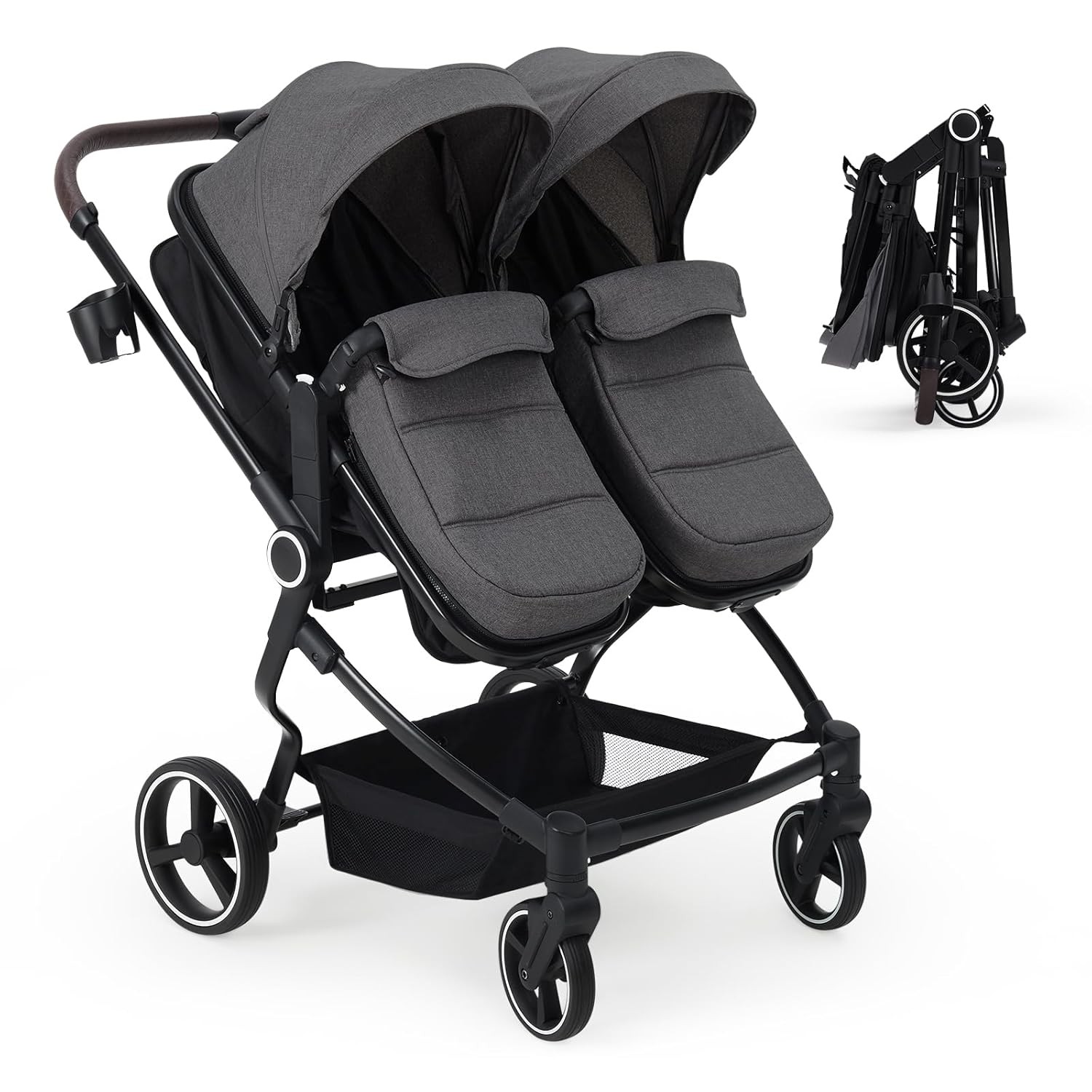 Aluminum Frame Twin Stroller, 5-Point Harness, Adjustable Backrest & All-Weather