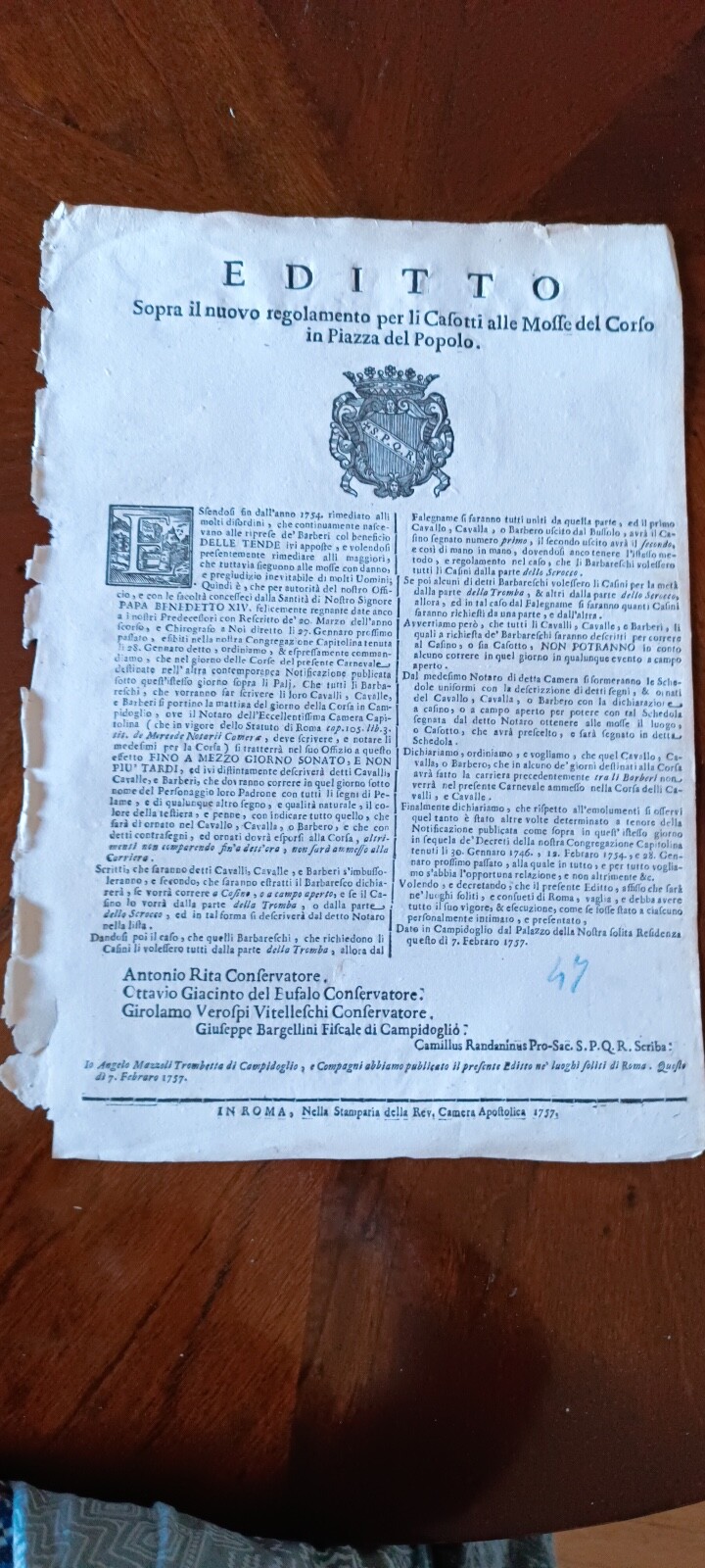 Rome, Carnival, Barbers' Race, edict of 1757