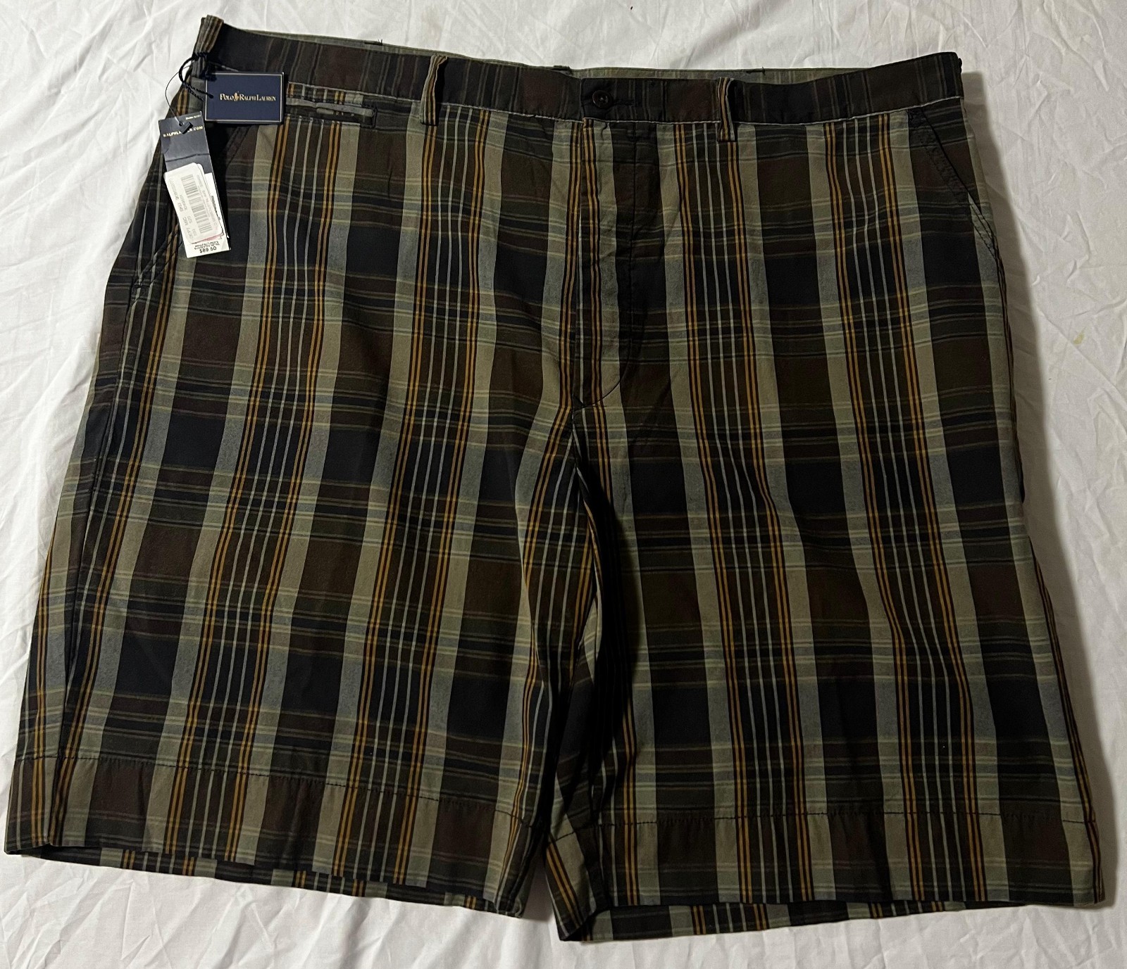 NWT Vintage Polo Ralph Lauren Madras Mens Shorts 44B Button Fly Flat Front...