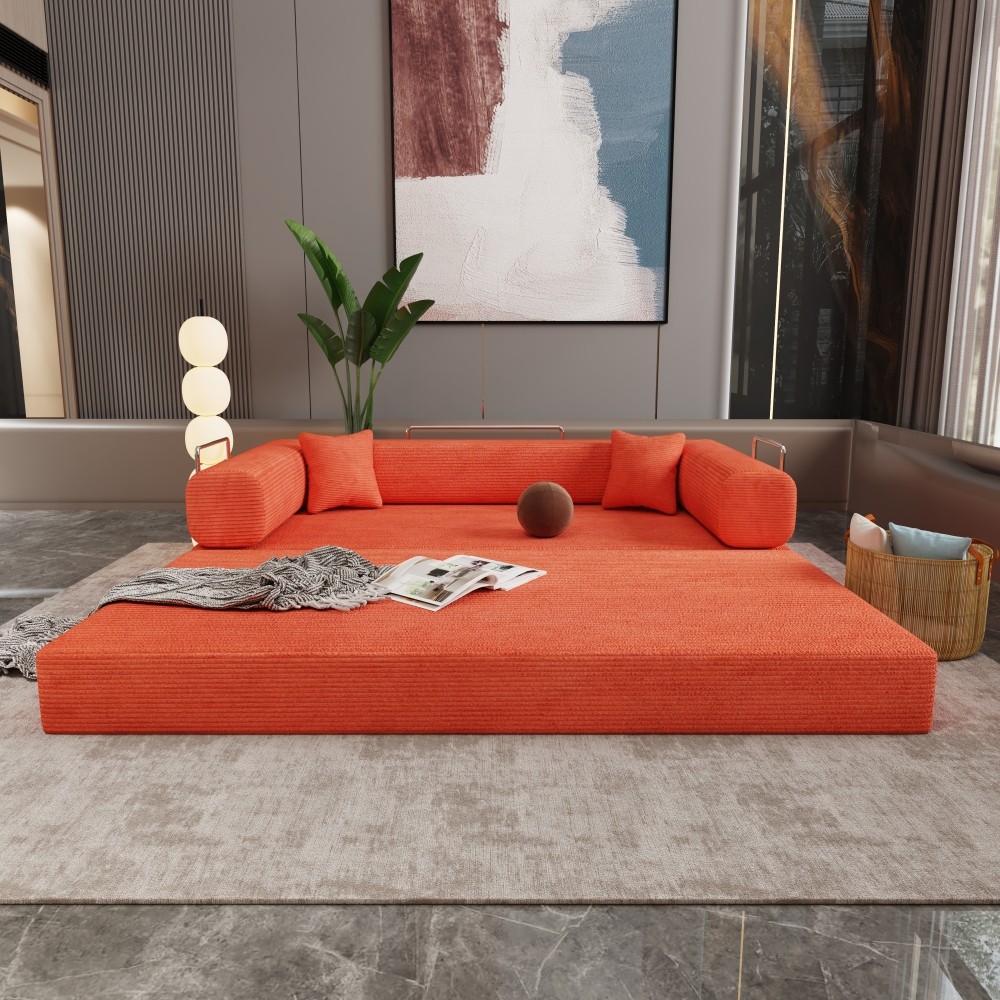 Sleeper Sofa Bed 2-Seater Convertible Couch Corduroy Foam Orange