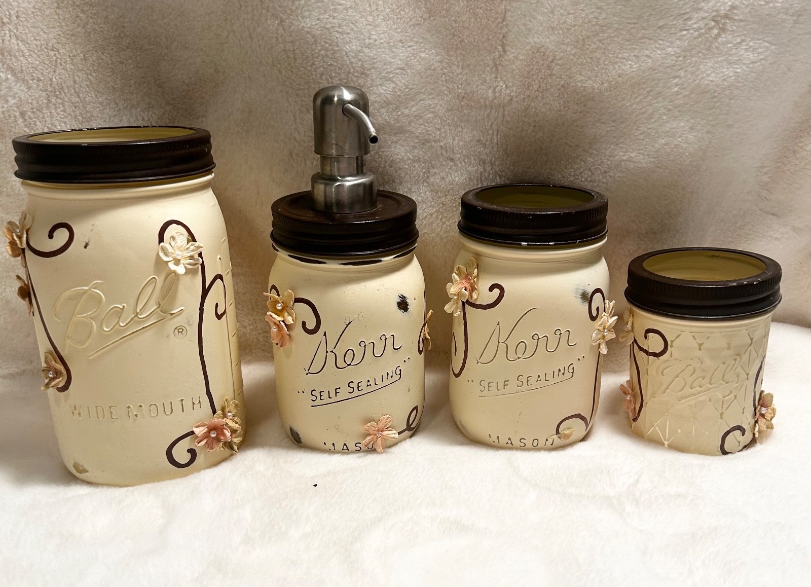 4 Piece Rustic Farmhouse Mason Ball Kerr Jar Bathroom Set Ivory Chalk Paint