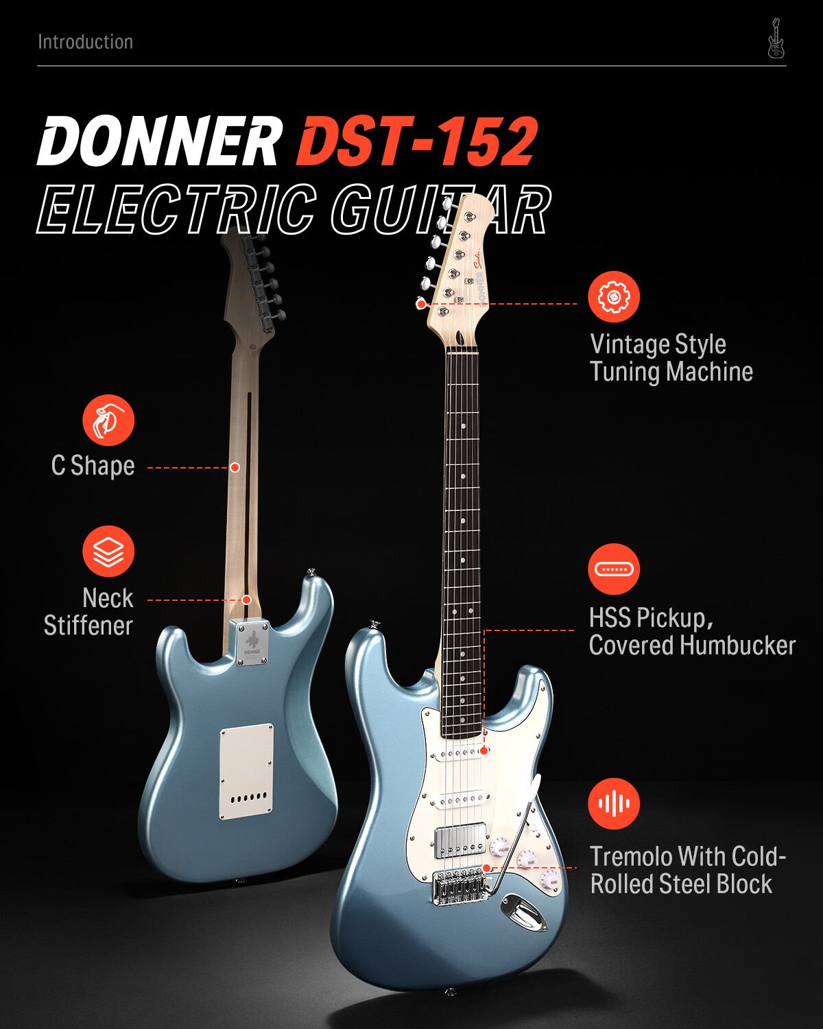 Donner 39" Electric Guitar HSS Coil Split Ice Blue Metallic Beginner Bundle
