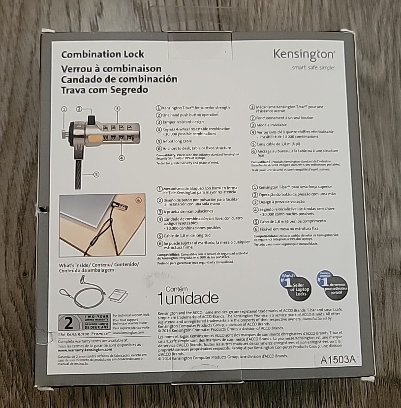 NEW - Kensington Combination Cable Lock For Laptops