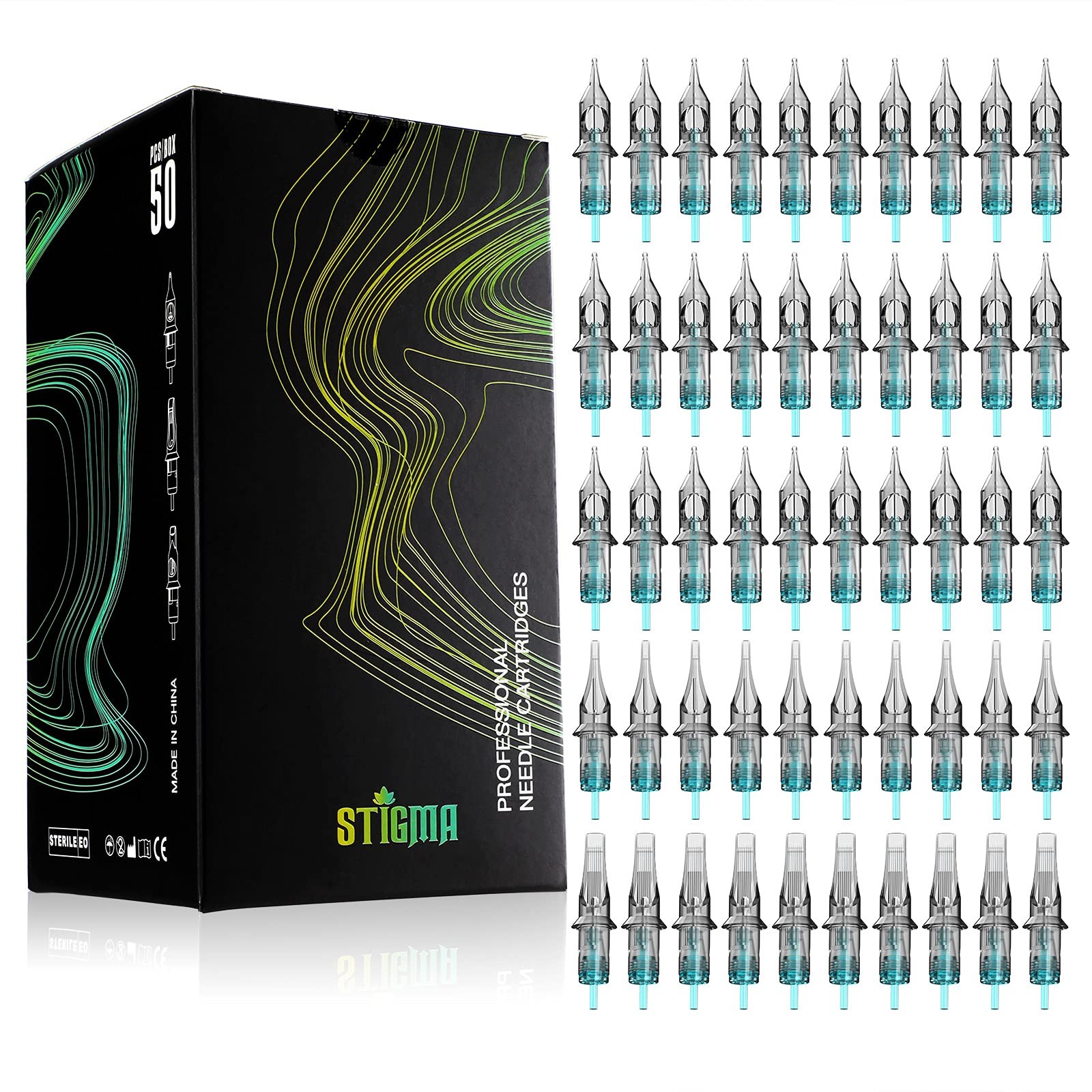 STIGMA Aquamarine Knight Tattoo Cartridge Needles 50pcs Standard RL+RM, Blue