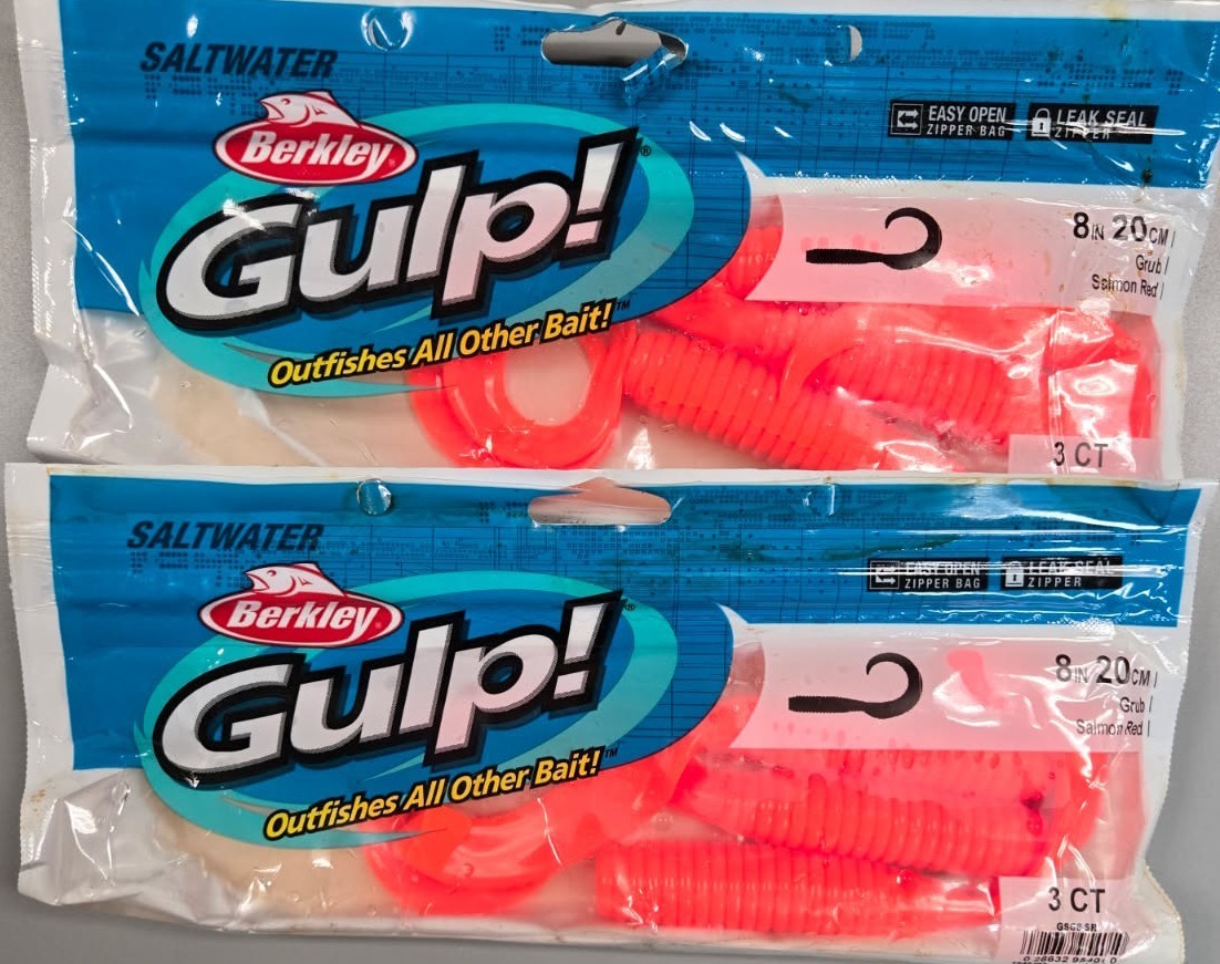 2 Packs Berkley Gulp! Saltwater Grub 8" SALMON RED Flounder Sea Bass HALIBUT