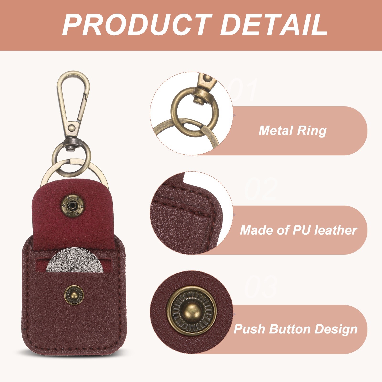 3 Pack Quarter Leather Keychain, PU Leather Key Ring Coin Case, Wine Red