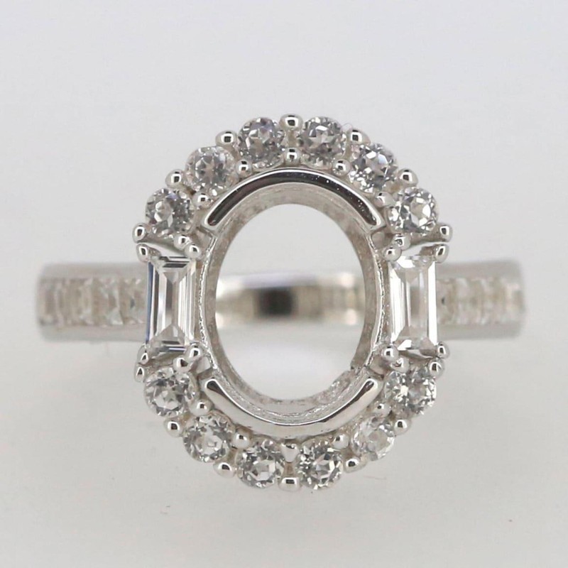 925 Sterling Silver 10x8mm Oval Semi Mount Ring Mixed Halo Baguette Band Ring