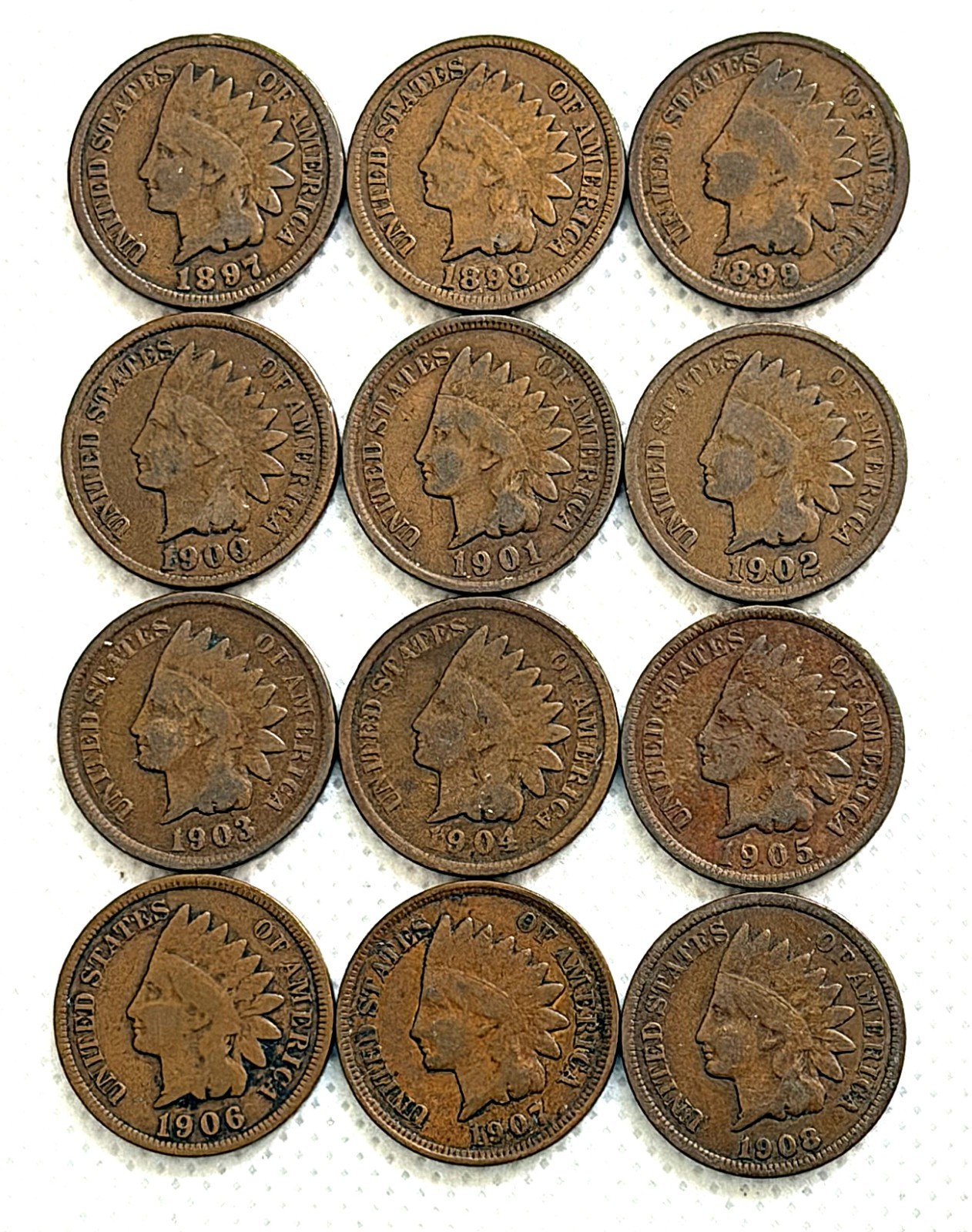 12 - Indian Head Cent Pennies all F/VF 1897 thru 1908 (#4)
