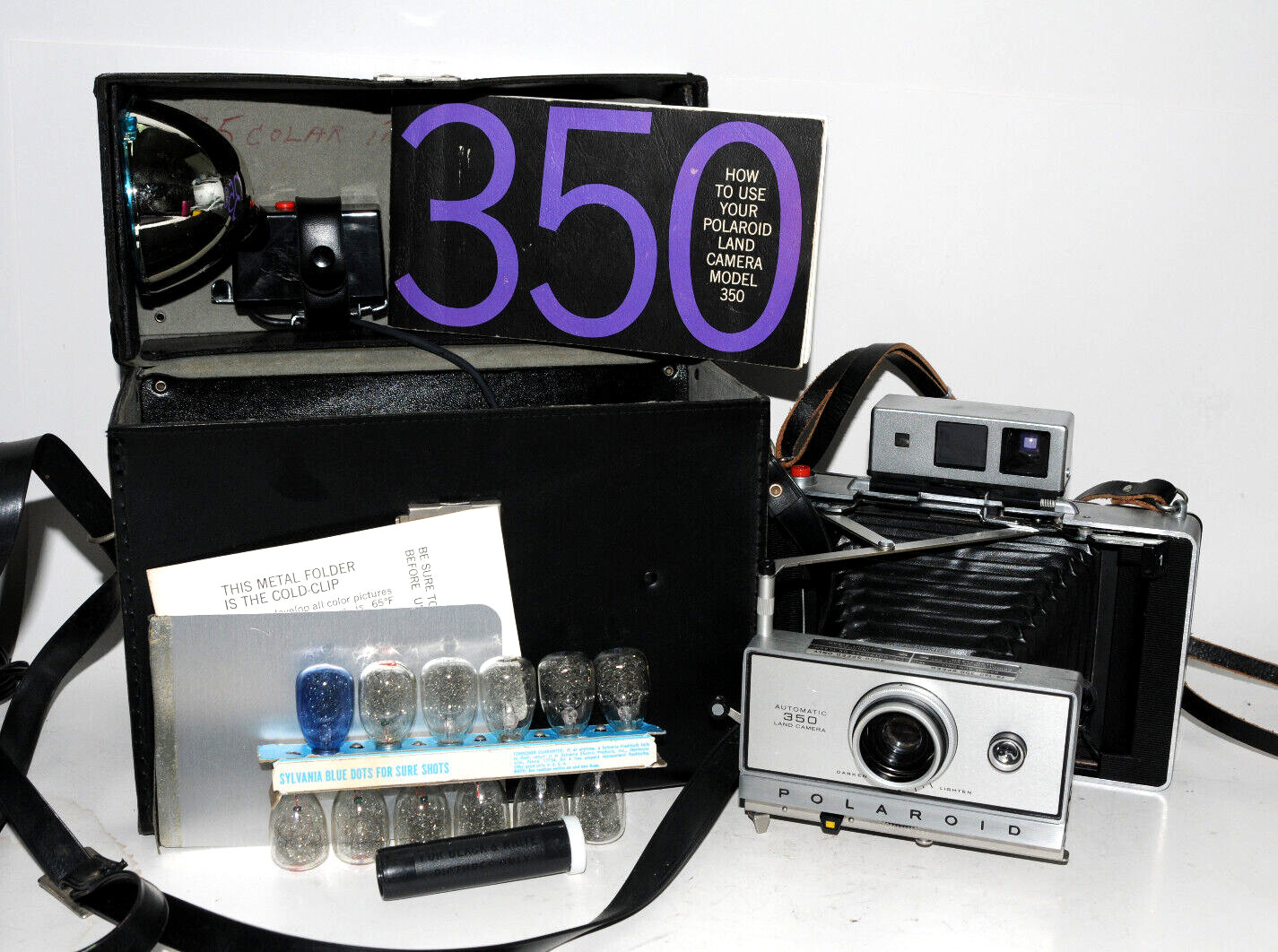 Polaroid Model 350 Land Camera W/Flash Attachment, Cold Clip and Case