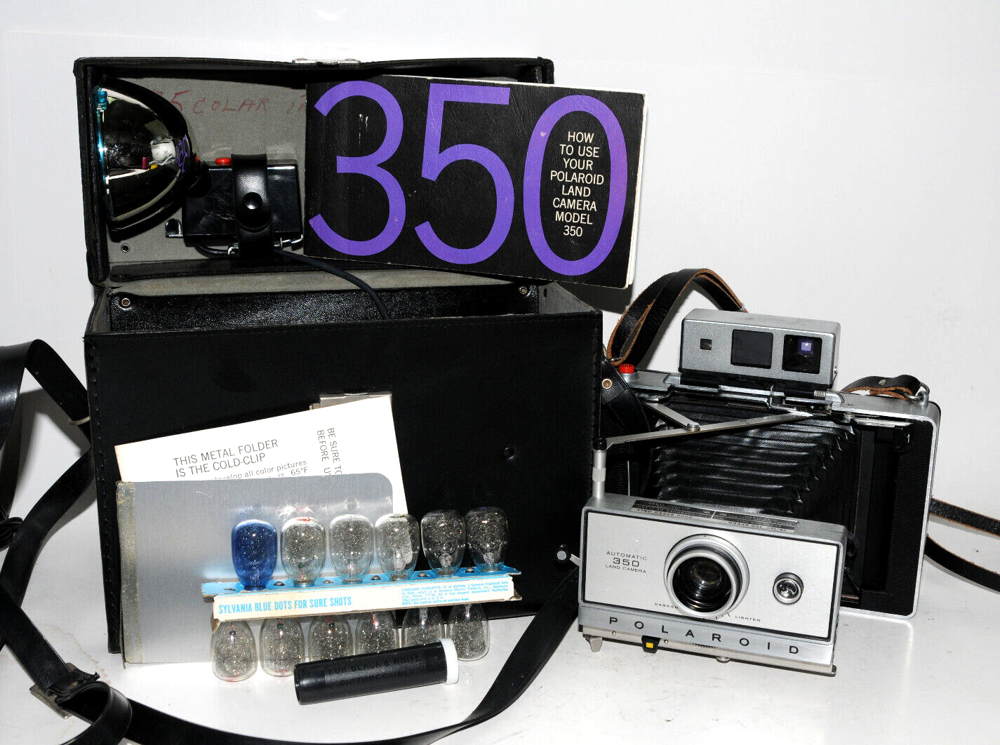 Polaroid Model 350 Land Camera W/Flash Attachment, Cold Clip and Case