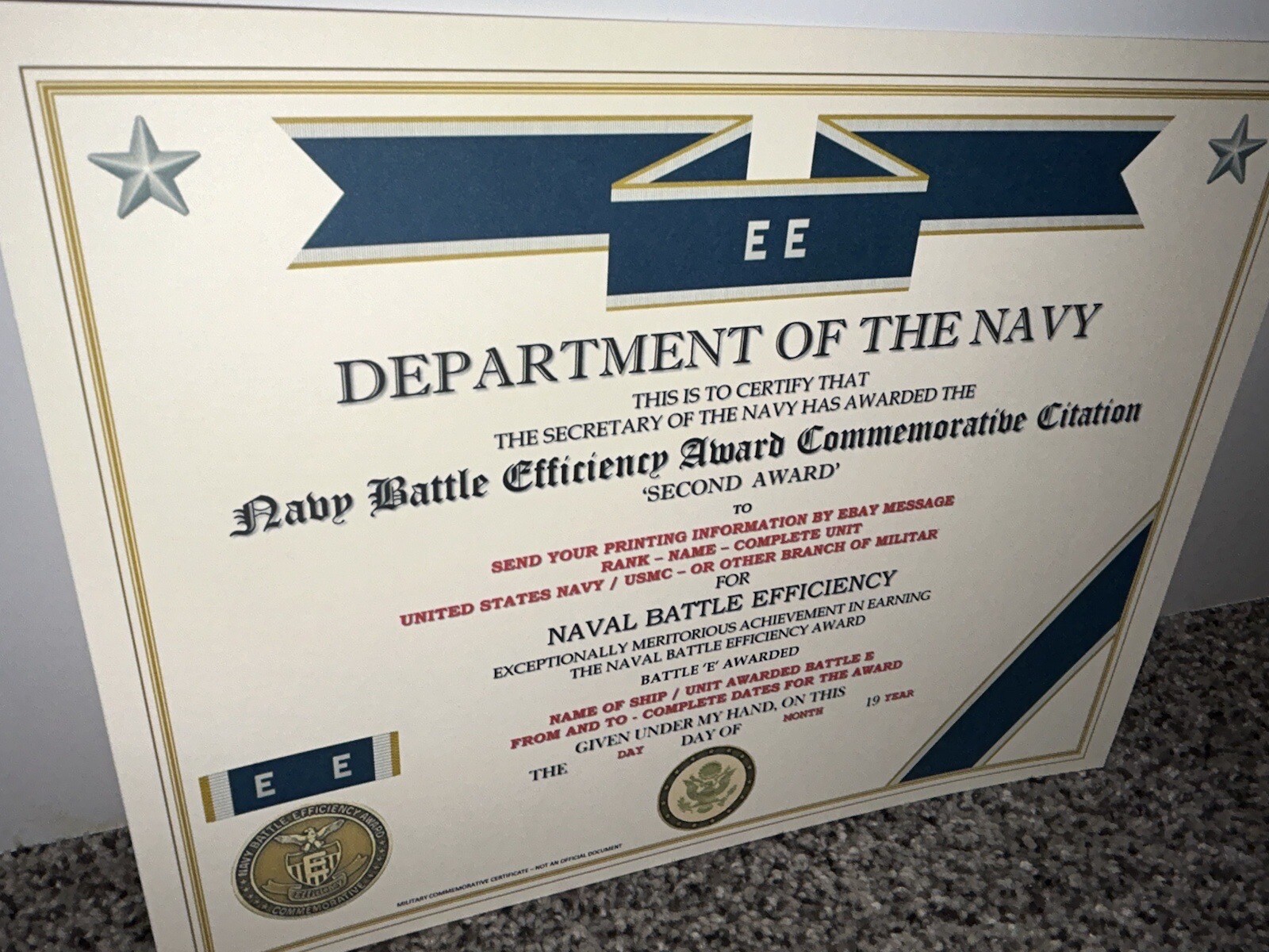 NAVY BATTLE E CITATION~2ND AWARD COMMEMORATIVE CERTIFICATE ~ TYPE-2 / W/PRINTING