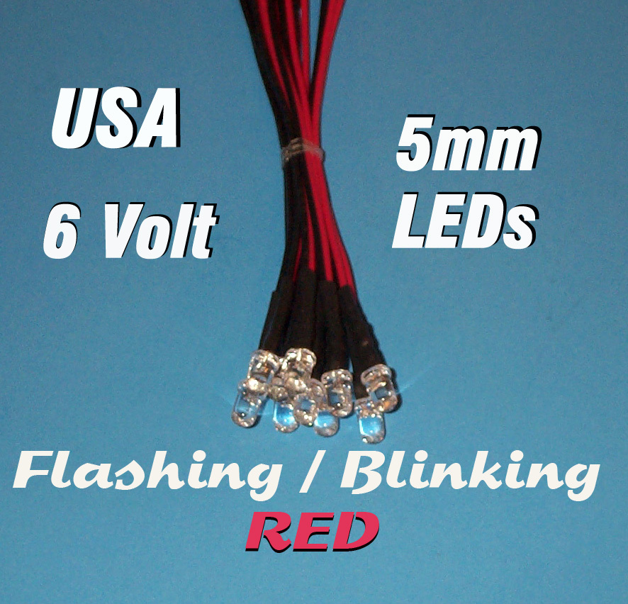 10 FLASHING LEDS 5mm PRE WIRED 6 VOLT RED 6V BLINK PREWIRED BLINKING