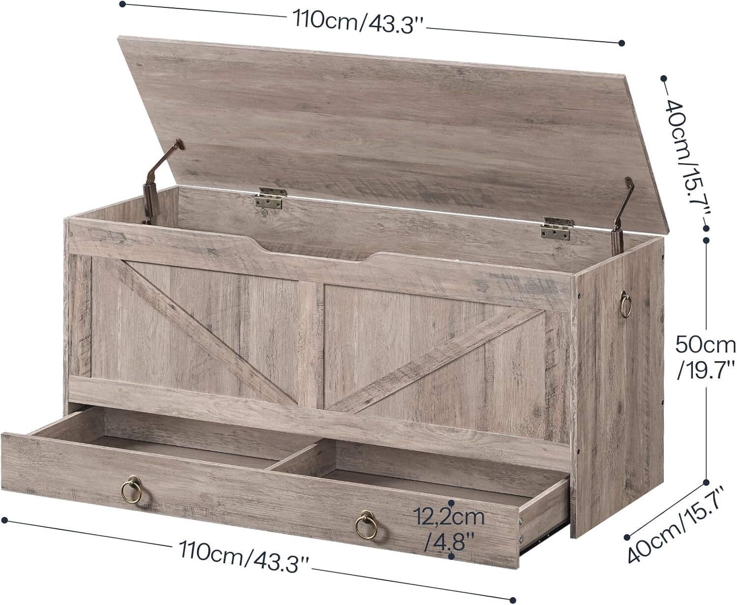 SolidWoodFinish Storage Bench Greige 43Inch Drawer