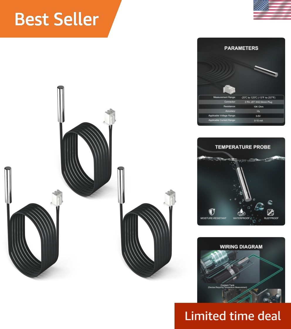 10K Temperature Sensor Probe 3pcs, 1 Meter Waterproof Temp Sensor Probe, Stai...
