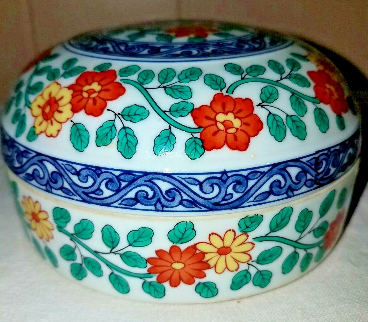 5" Round Trinket Box & Domed Lid Orange & Yellow Flowers With Green Leaves