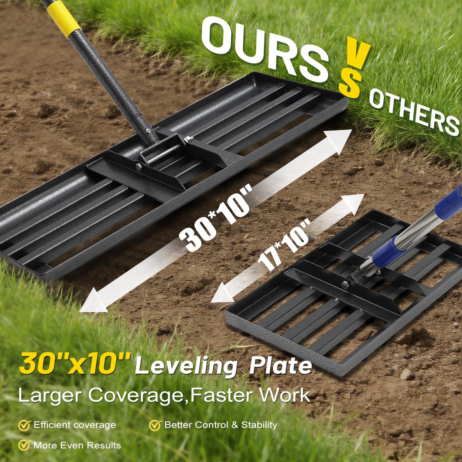 Lawn Leveling Rake with 72" Adjustable Handle for Grass, Soil & Golf Fields