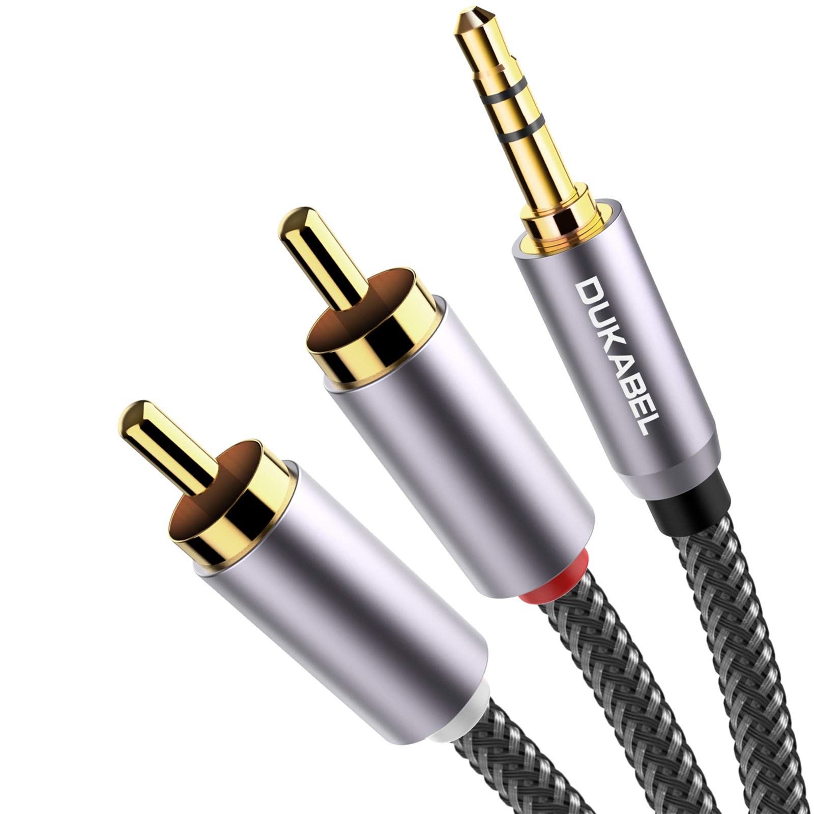 DUKABEL 2-Male RCA to AUX Braided Stereo Cable - 24k Gold-Plated 4 Feet, Grey